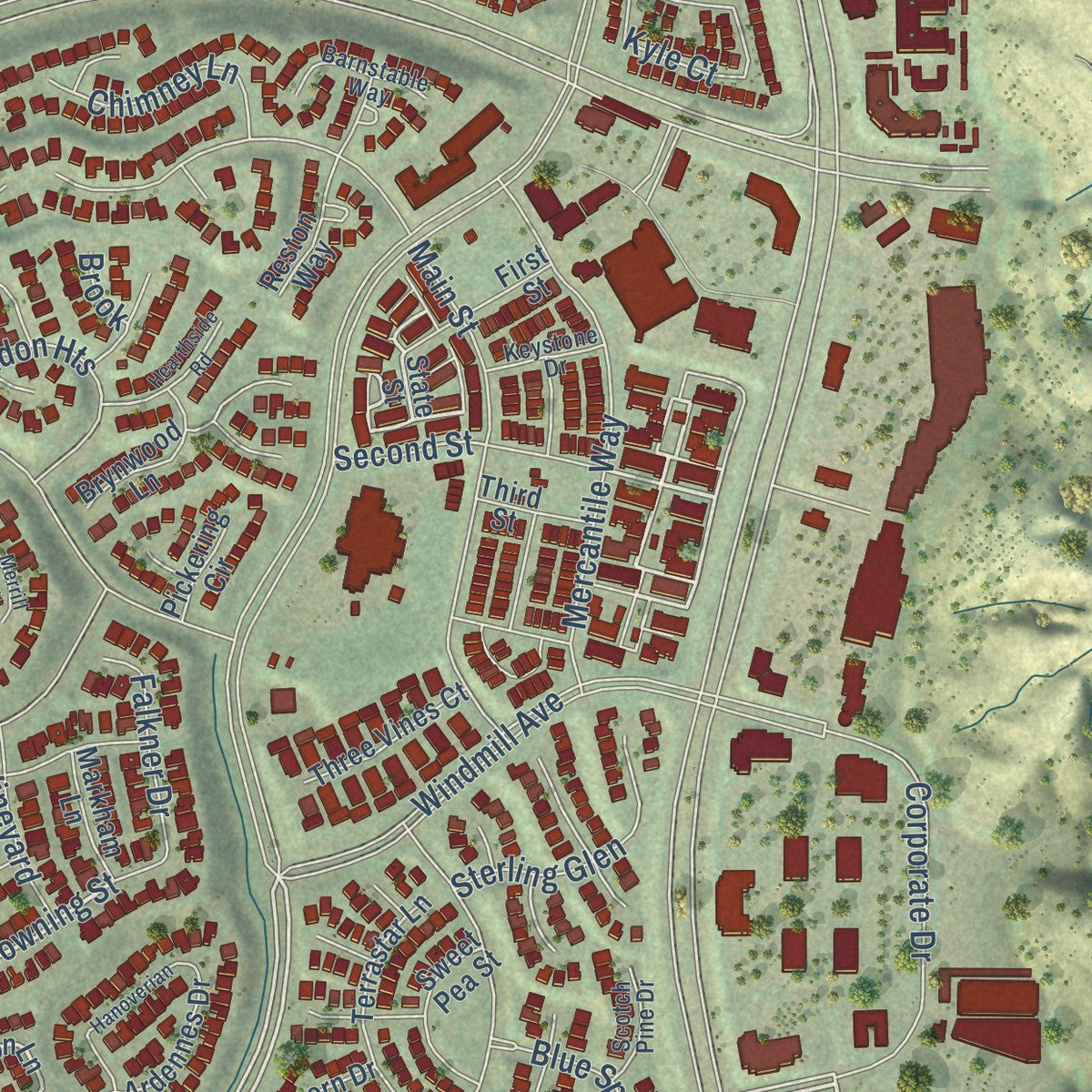 Second close-up of the map of Ladera Ranch, California print showing more streets and buildings
