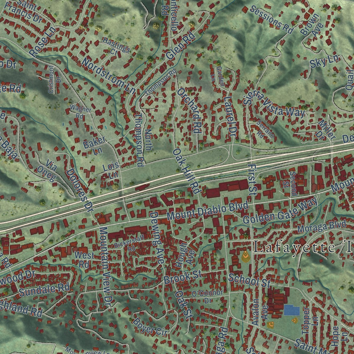 Close-up of the map of Lafayette, California print showing street and building detail