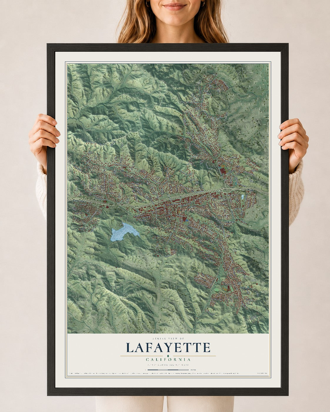 Map of Lafayette, California, 24 x 36 inch print in a black wood frame