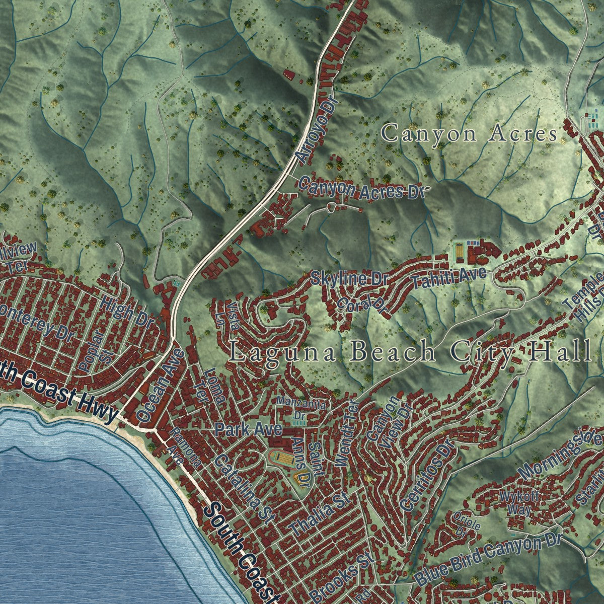 Close-up of the map of Laguna Beach, California print showing street and building detail