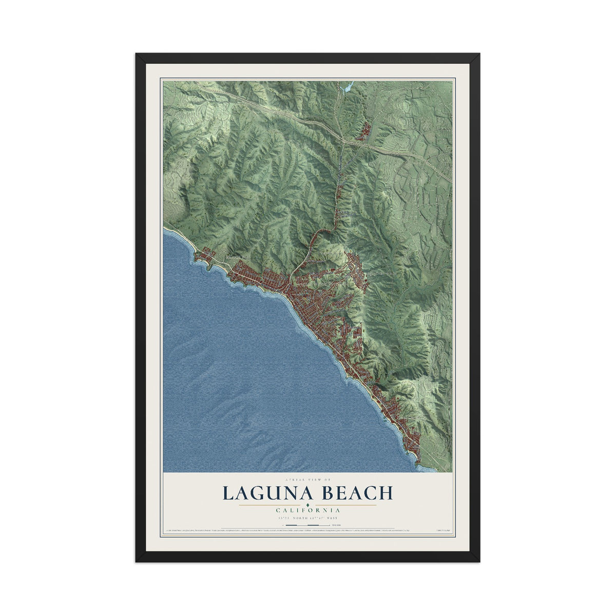 Map of Laguna Beach, California, 12 x 18 inch print in a black wood frame