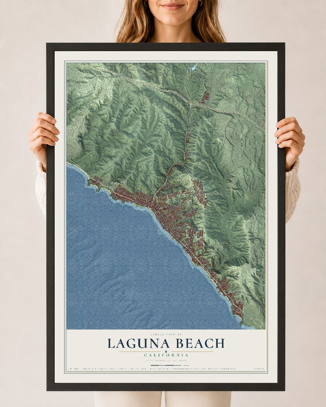 Map of Laguna Beach, California, 24 x 36 inch print in a black wood frame