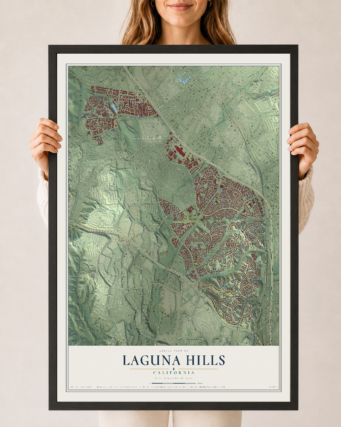 Map of Laguna Hills, California, 24 x 36 inch print in a black wood frame