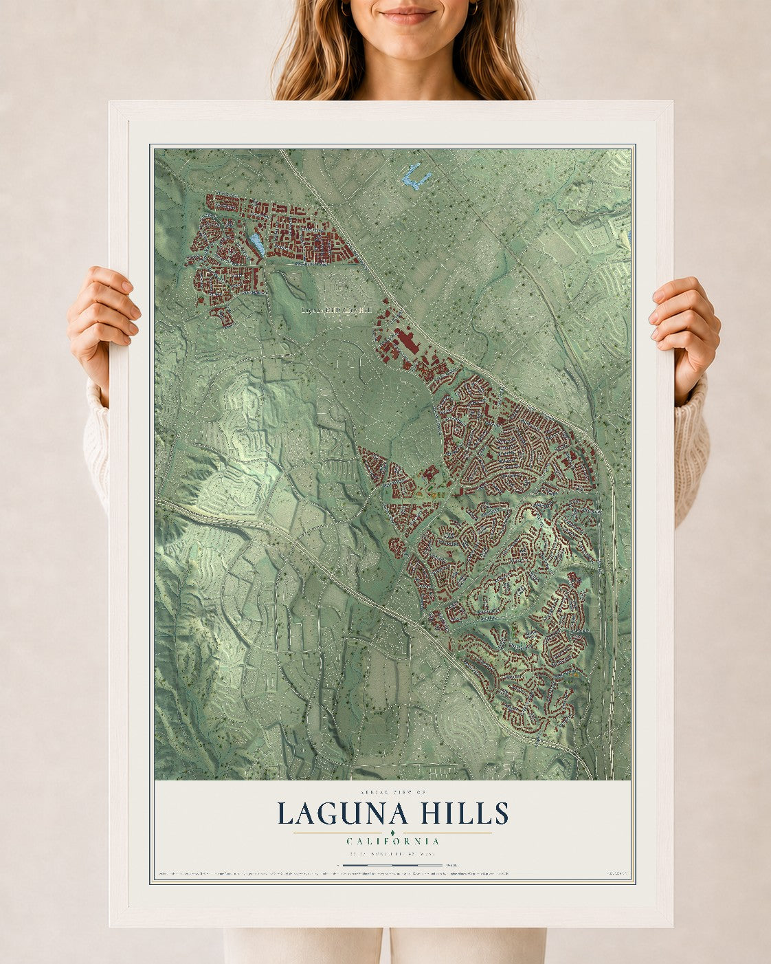 Map of Laguna Hills, California, 24 x 36 inch print in a white wood frame