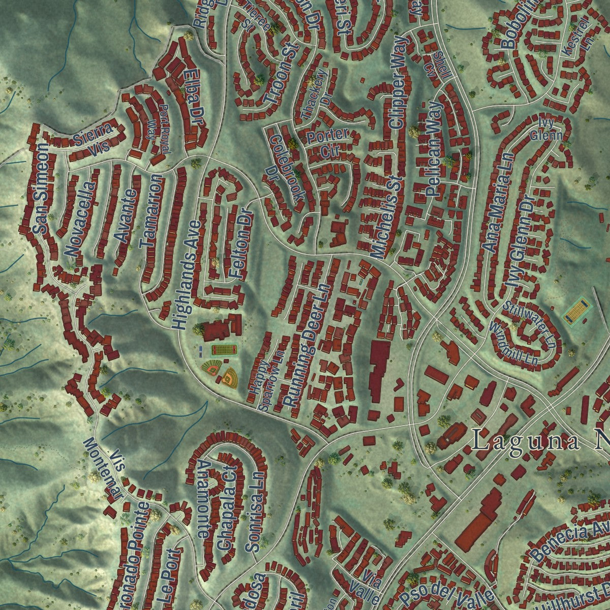 Second close-up of the map of Laguna Niguel, California print showing more streets and buildings