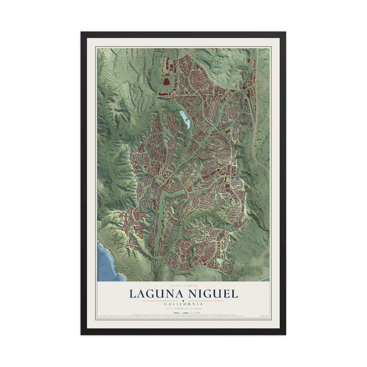 Map of Laguna Niguel, California, 12 x 18 inch print in a black wood frame