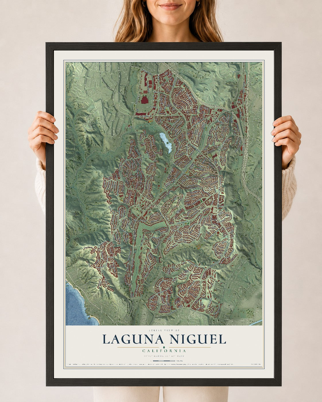 Map of Laguna Niguel, California, 24 x 36 inch print in a black wood frame