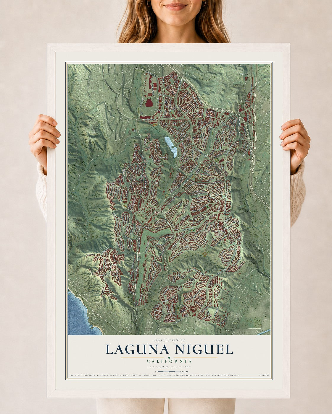 Map of Laguna Niguel, California, 24 x 36 inch print in a white wood frame