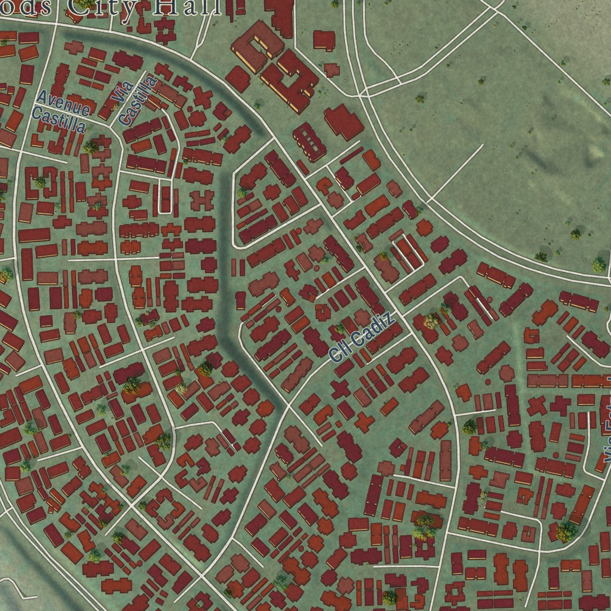 Second close-up of the map of Laguna Woods, California print showing more streets and buildings