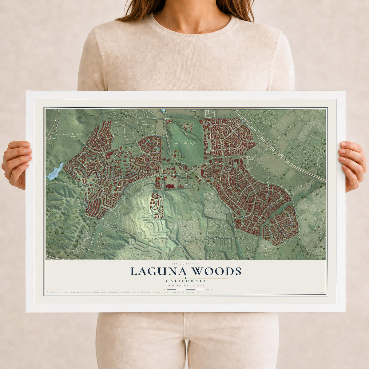 Map of Laguna Woods, California, 12 x 18 inch print in a white wood frame