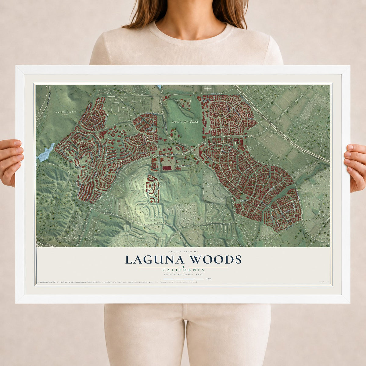 Map of Laguna Woods, California, 18 x 24 inch print in a white wood frame