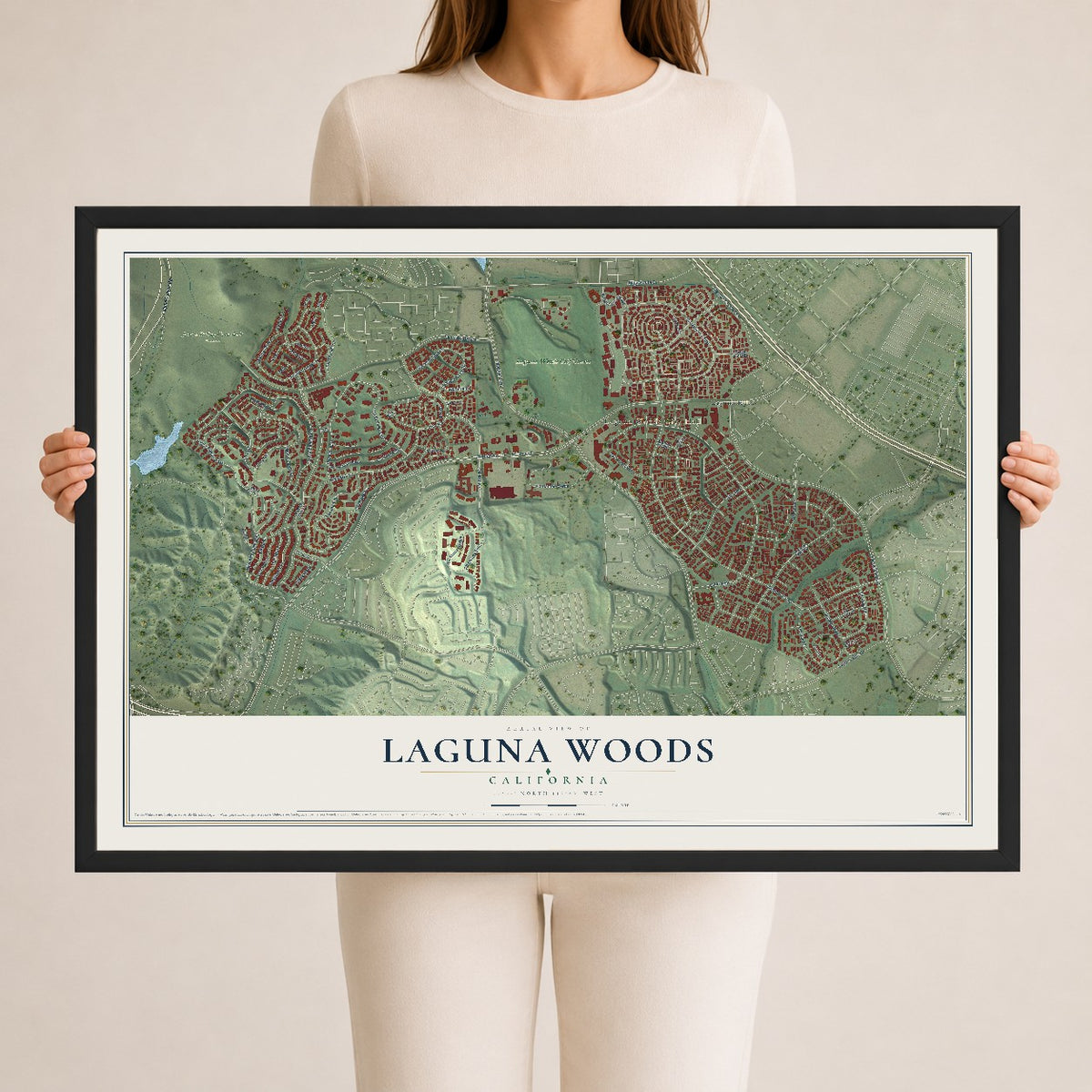 Map of Laguna Woods, California, 24 x 36 inch print in a black wood frame