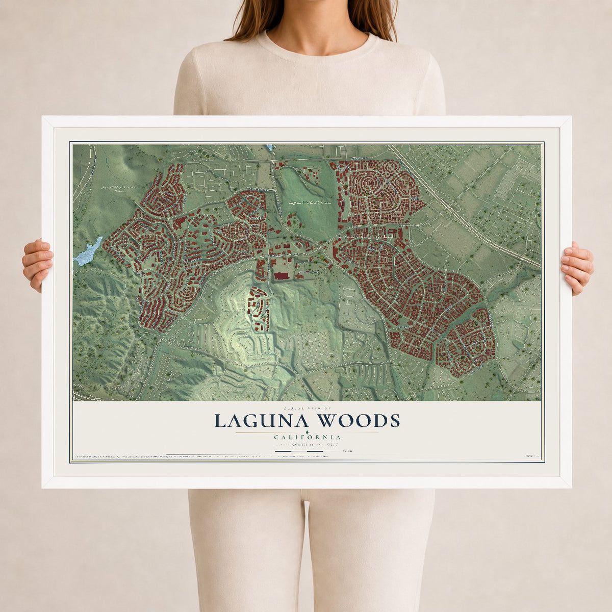 Map of Laguna Woods, California, 24 x 36 inch print in a white wood frame