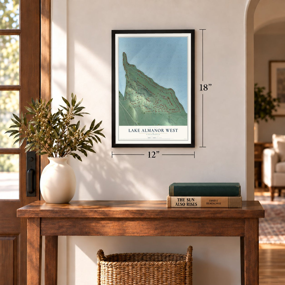 Lake Almanor West, California map, 12 x 18 inch print in a black frame in an entryway