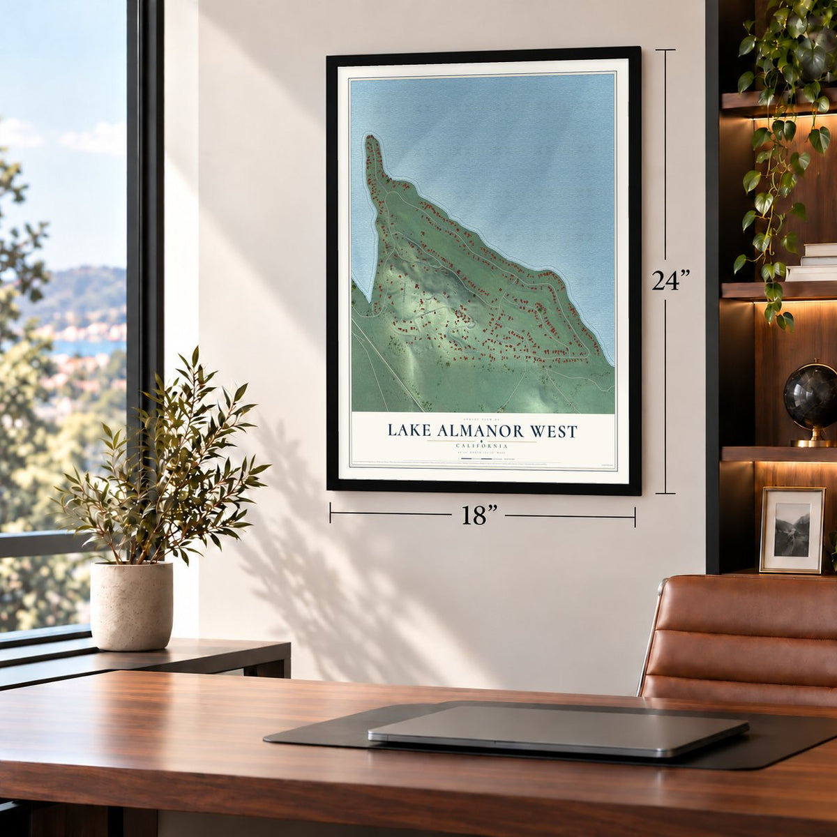 Lake Almanor West, California map, 18 x 24 inch print in a black frame in a home office
