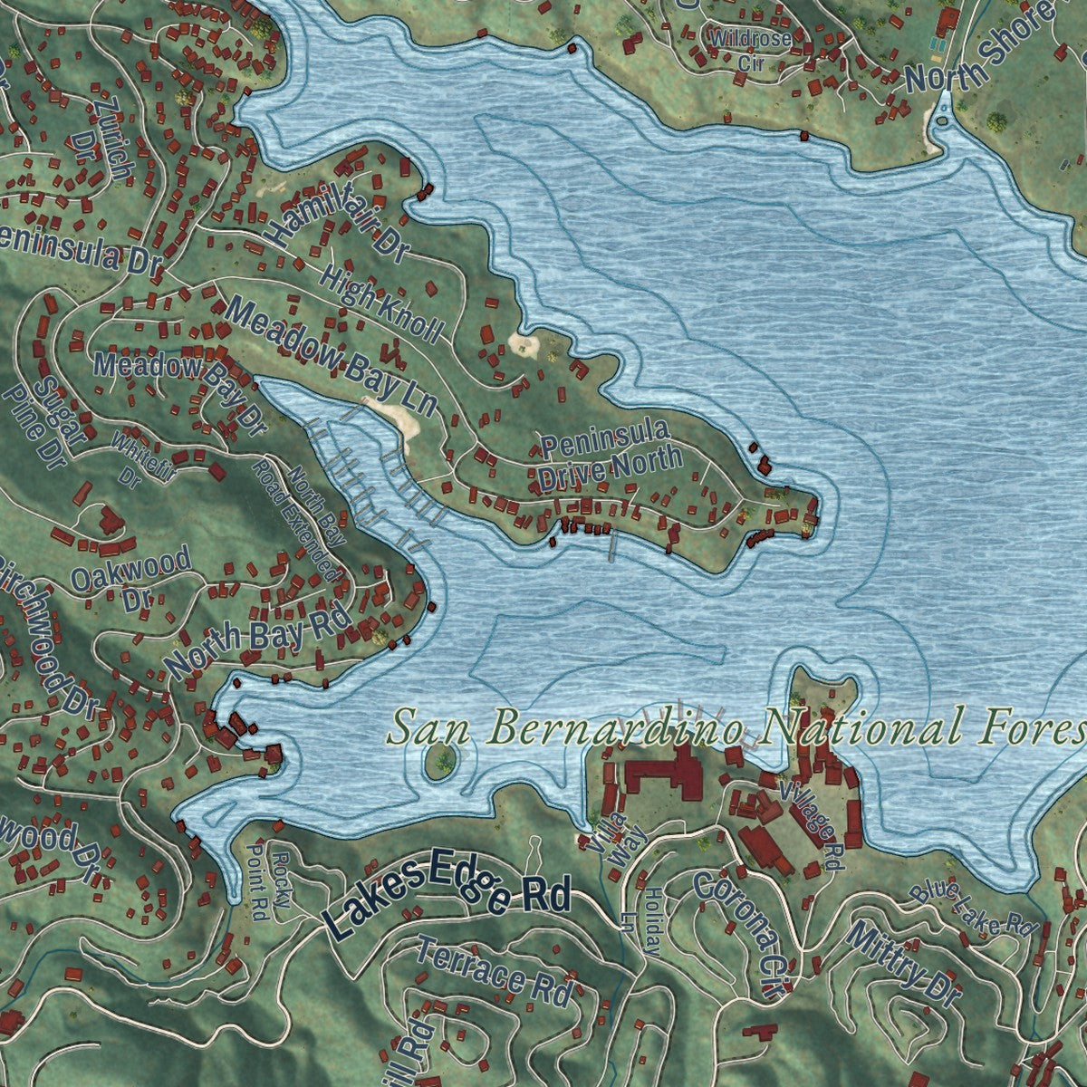 Close-up of the map of Lake Arrowhead, California print showing street and building detail