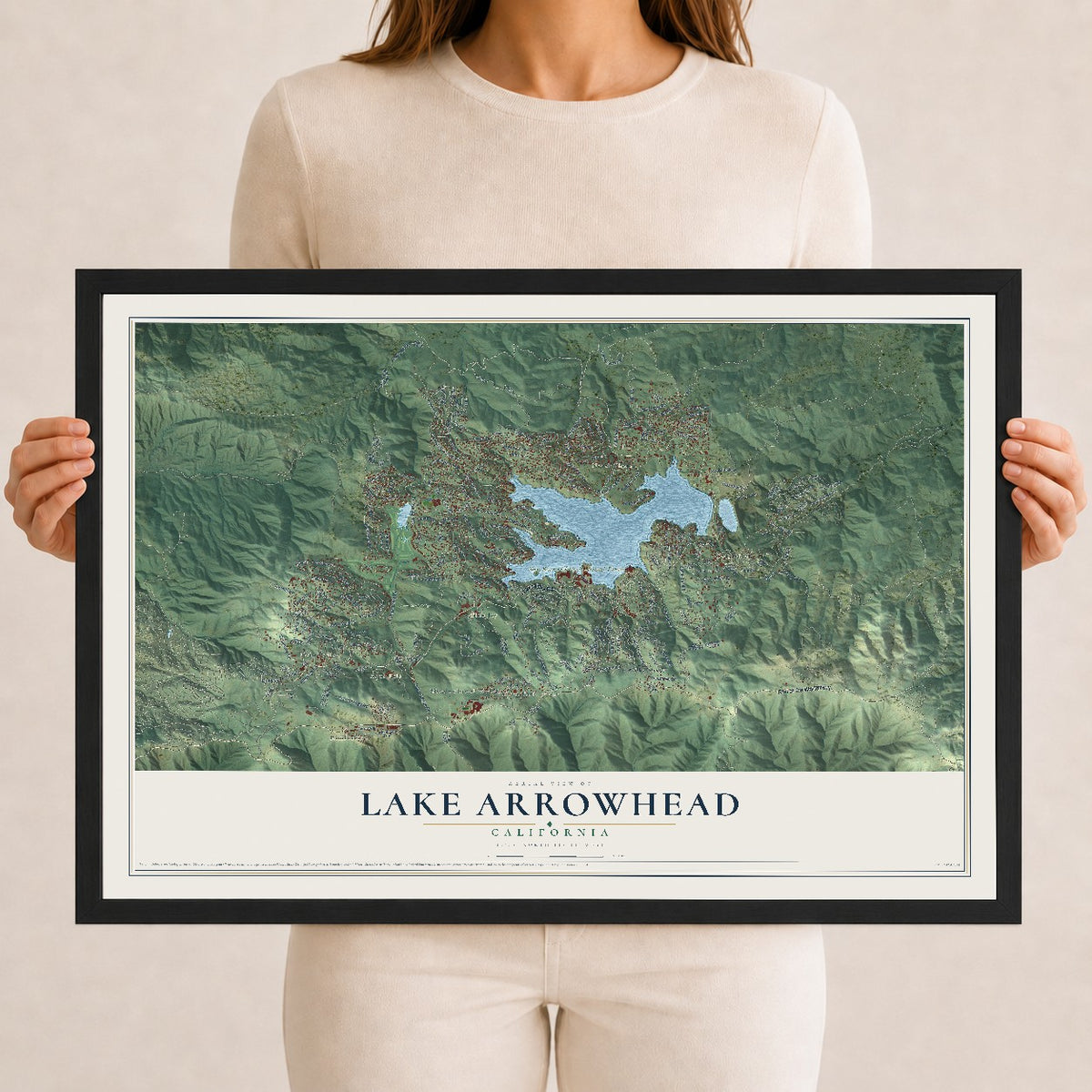Map of Lake Arrowhead, California, 12 x 18 inch print in a black wood frame