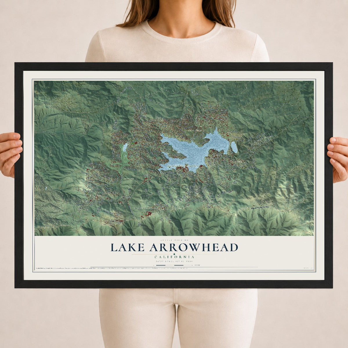 Map of Lake Arrowhead, California, 18 x 24 inch print in a black wood frame