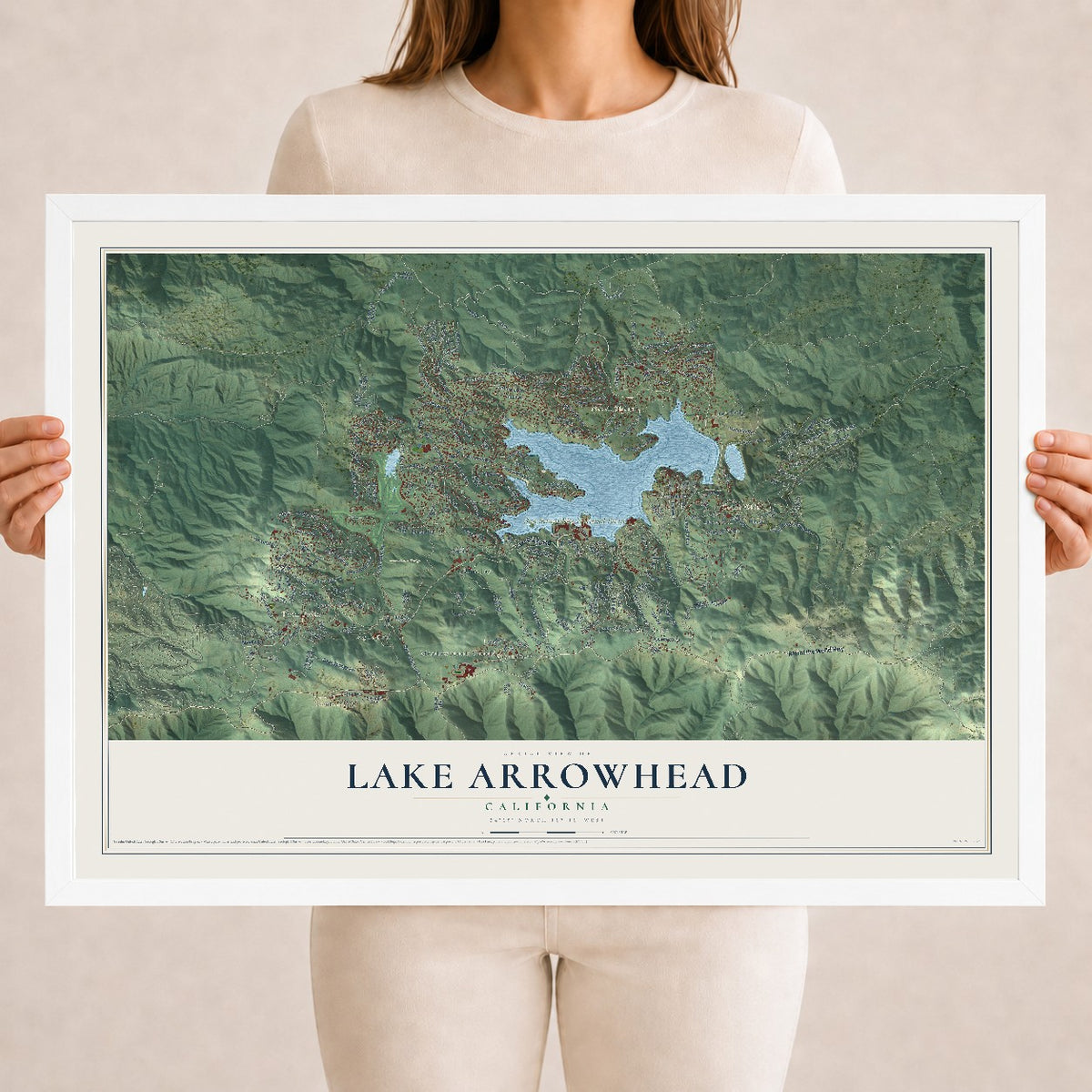 Map of Lake Arrowhead, California, 18 x 24 inch print in a white wood frame