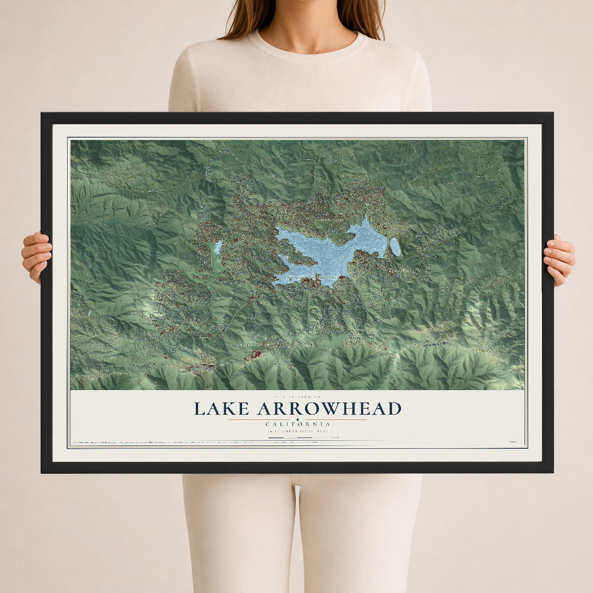 Map of Lake Arrowhead, California, 24 x 36 inch print in a black wood frame