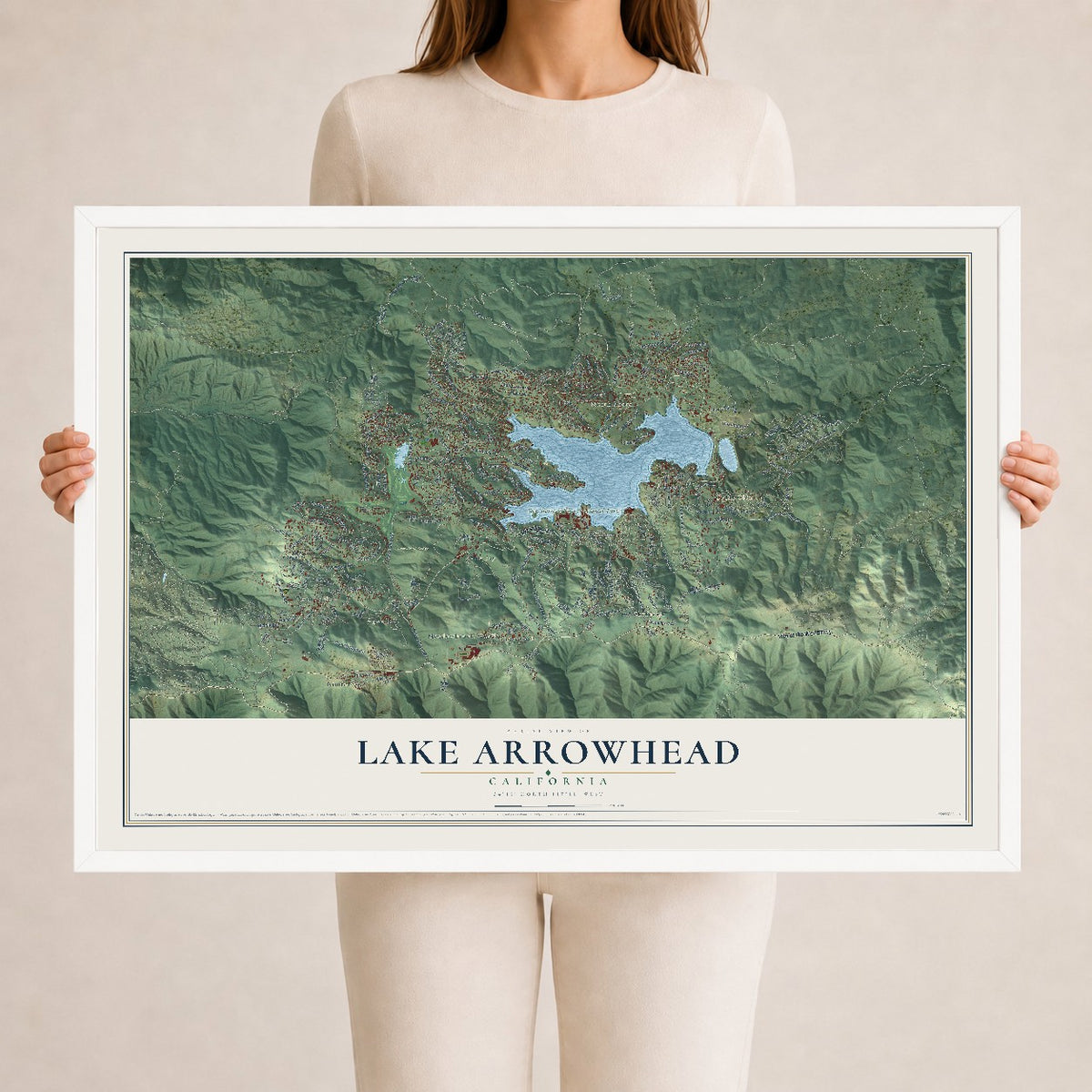Map of Lake Arrowhead, California, 24 x 36 inch print in a white wood frame