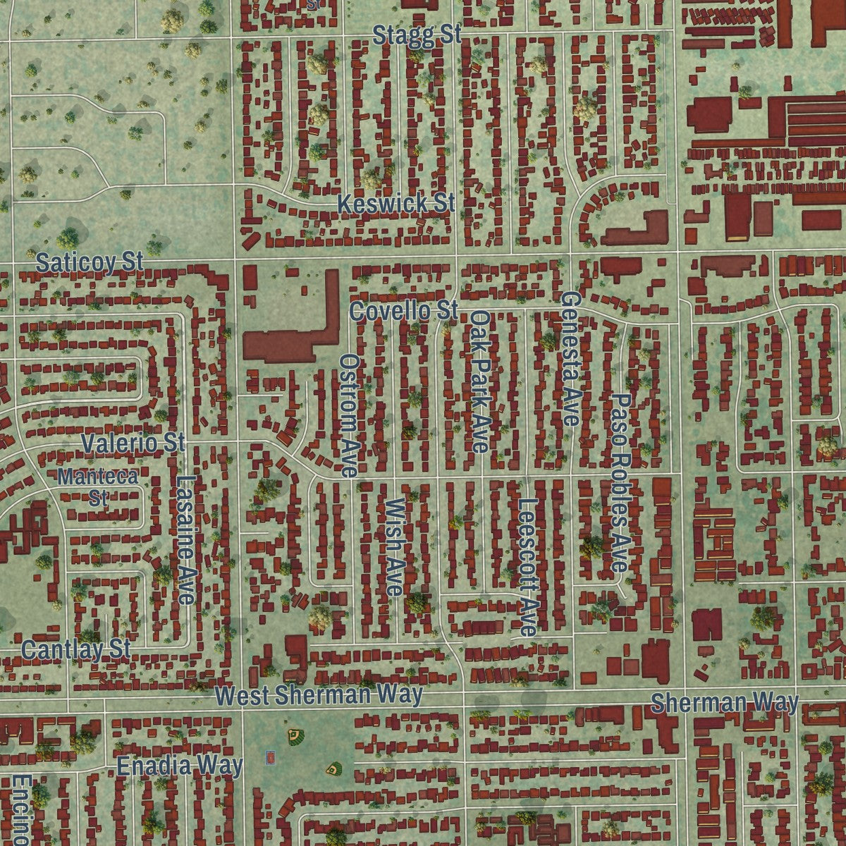 Close-up of the map of Lake Balboa, California print showing street and building detail