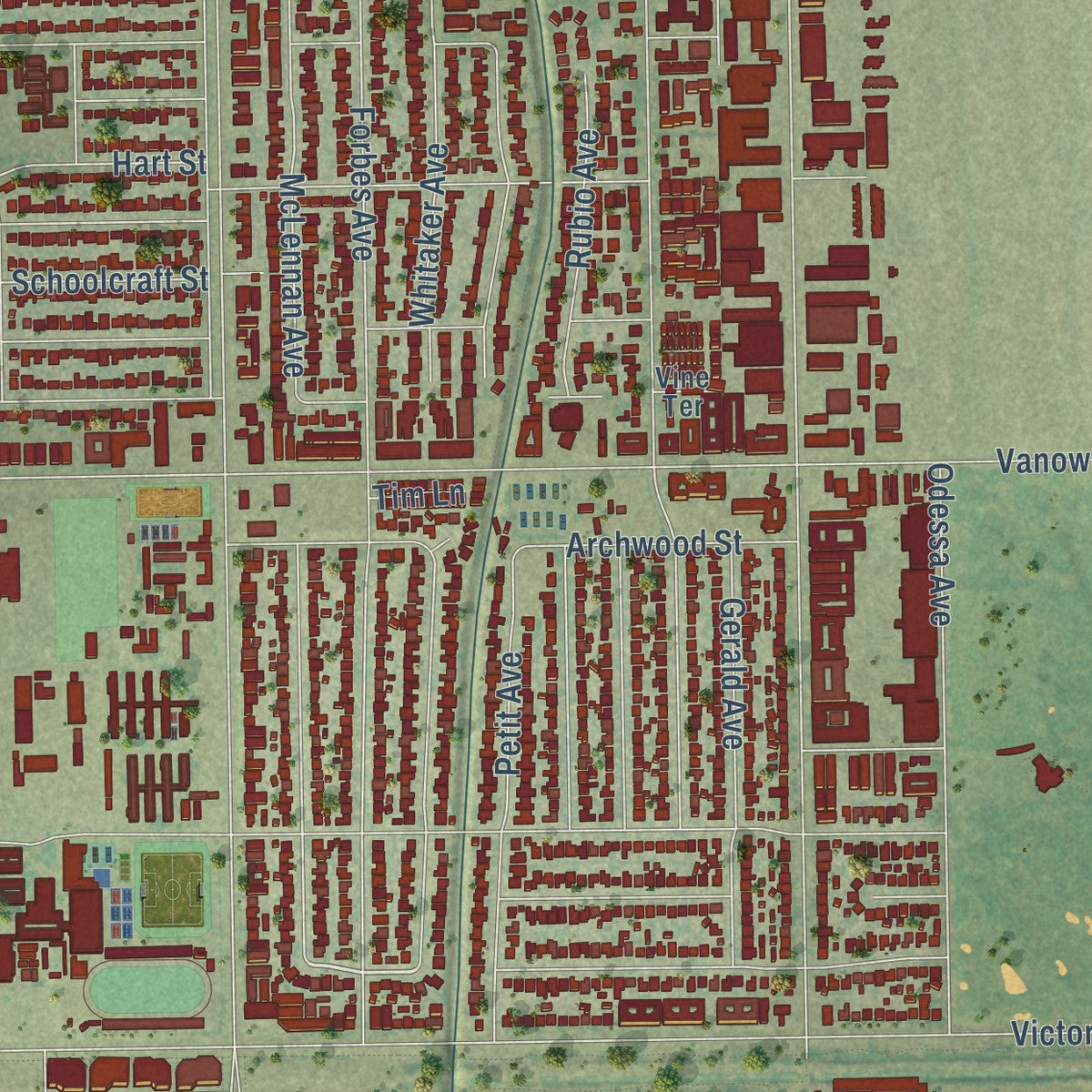 Second close-up of the map of Lake Balboa, California print showing more streets and buildings