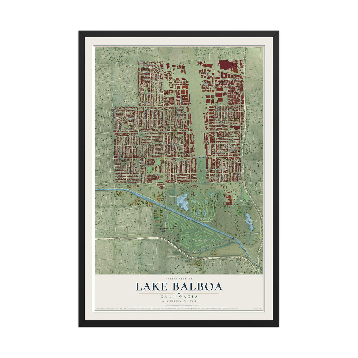 Map of Lake Balboa, California, 12 x 18 inch print in a black wood frame