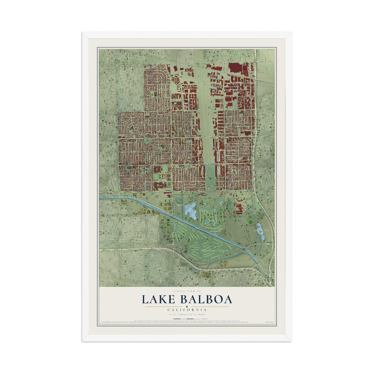 Map of Lake Balboa, California, 12 x 18 inch print in a white wood frame