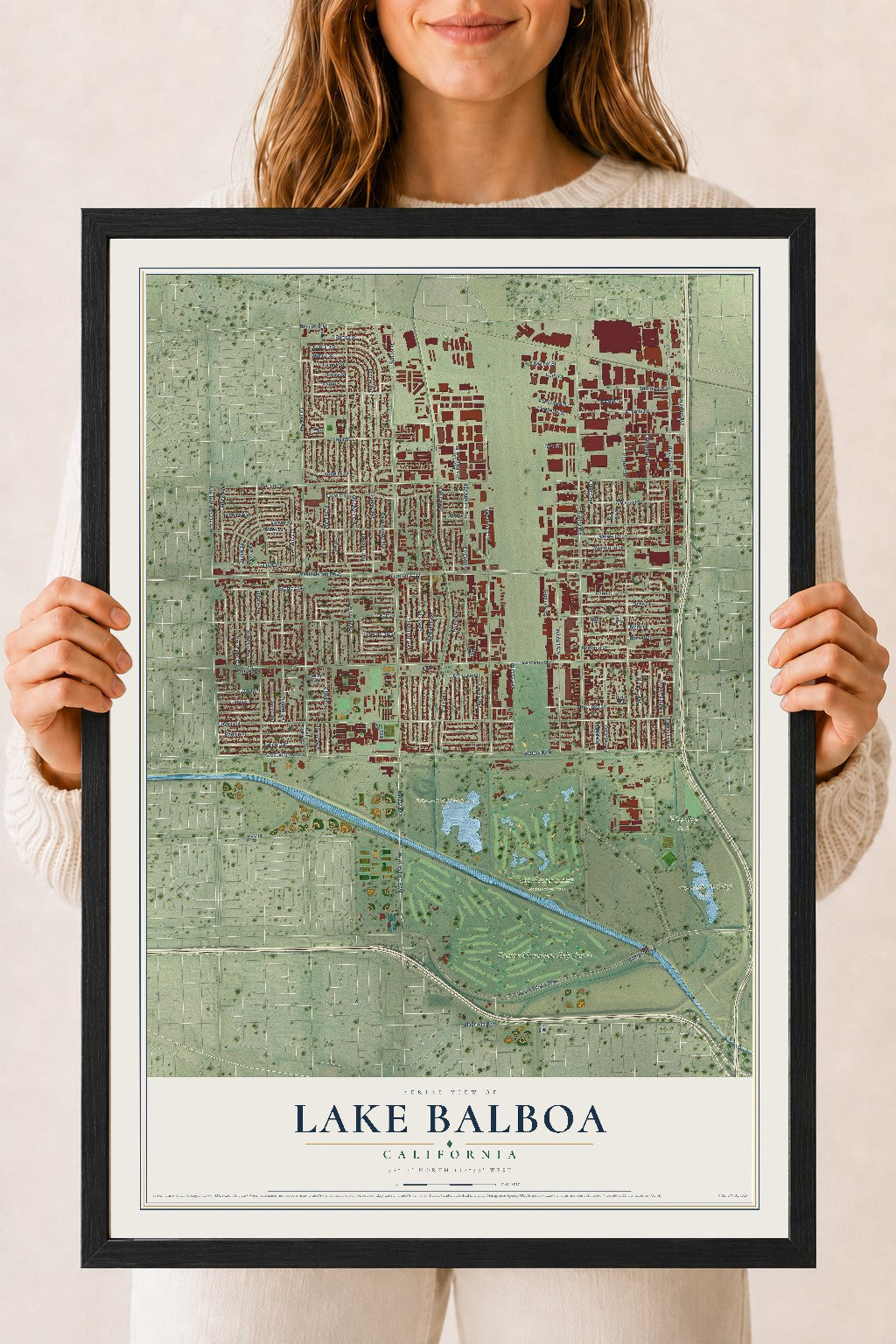 Map of Lake Balboa, California, 18 x 24 inch print in a black wood frame