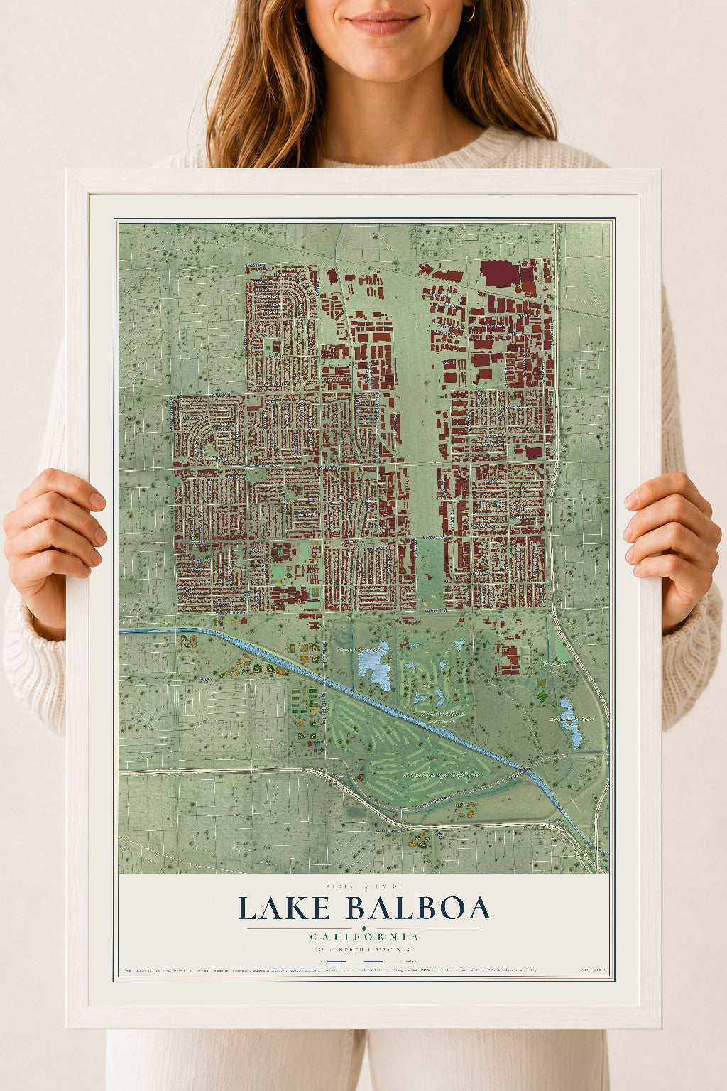 Map of Lake Balboa, California, 18 x 24 inch print in a white wood frame