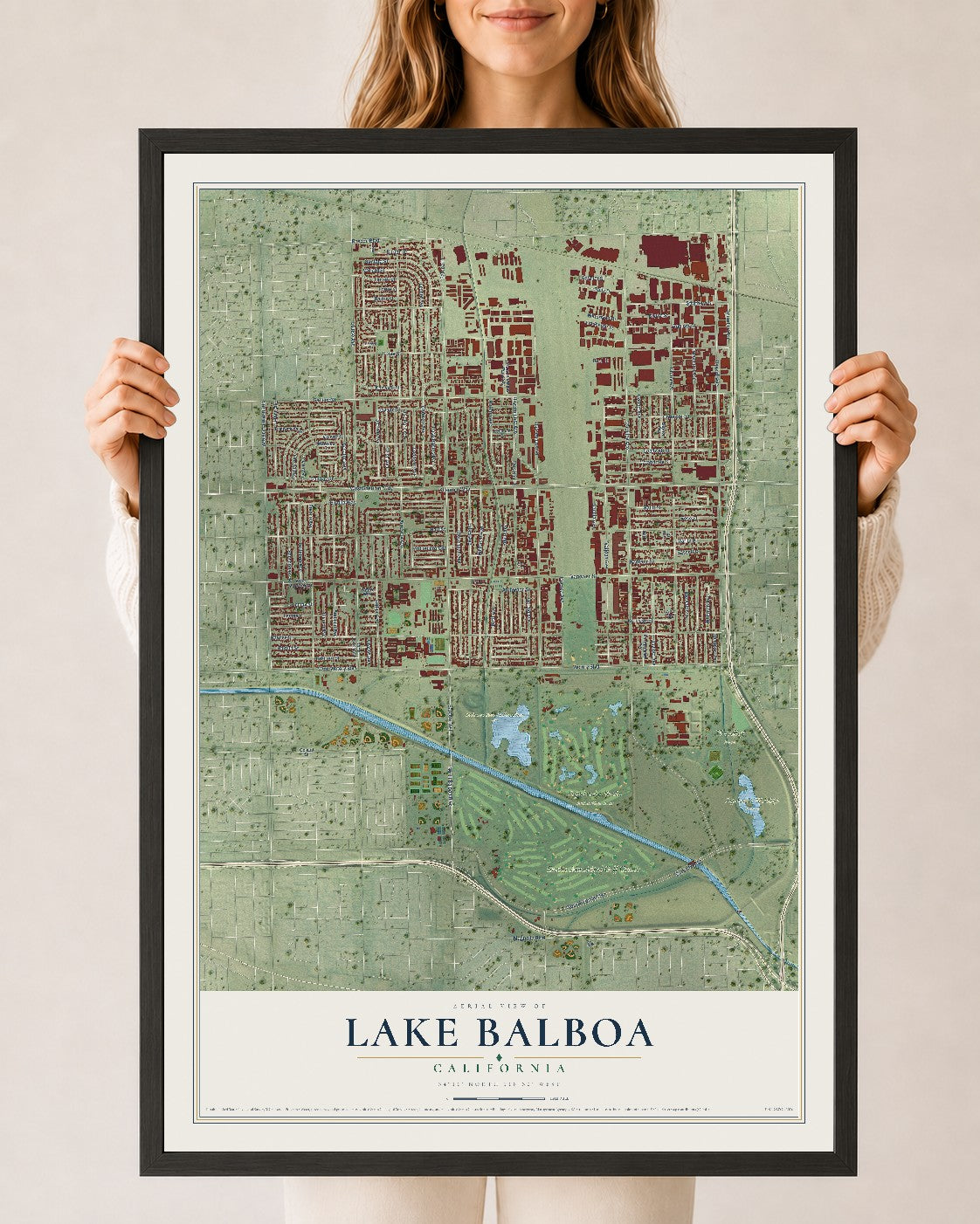 Map of Lake Balboa, California, 24 x 36 inch print in a black wood frame