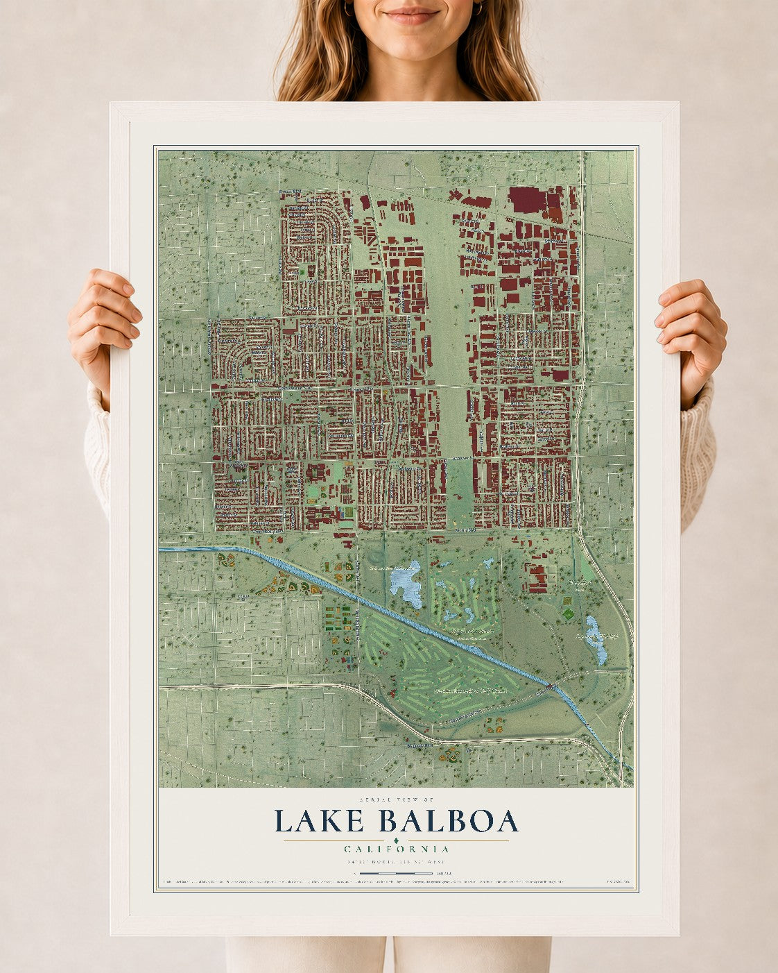 Map of Lake Balboa, California, 24 x 36 inch print in a white wood frame