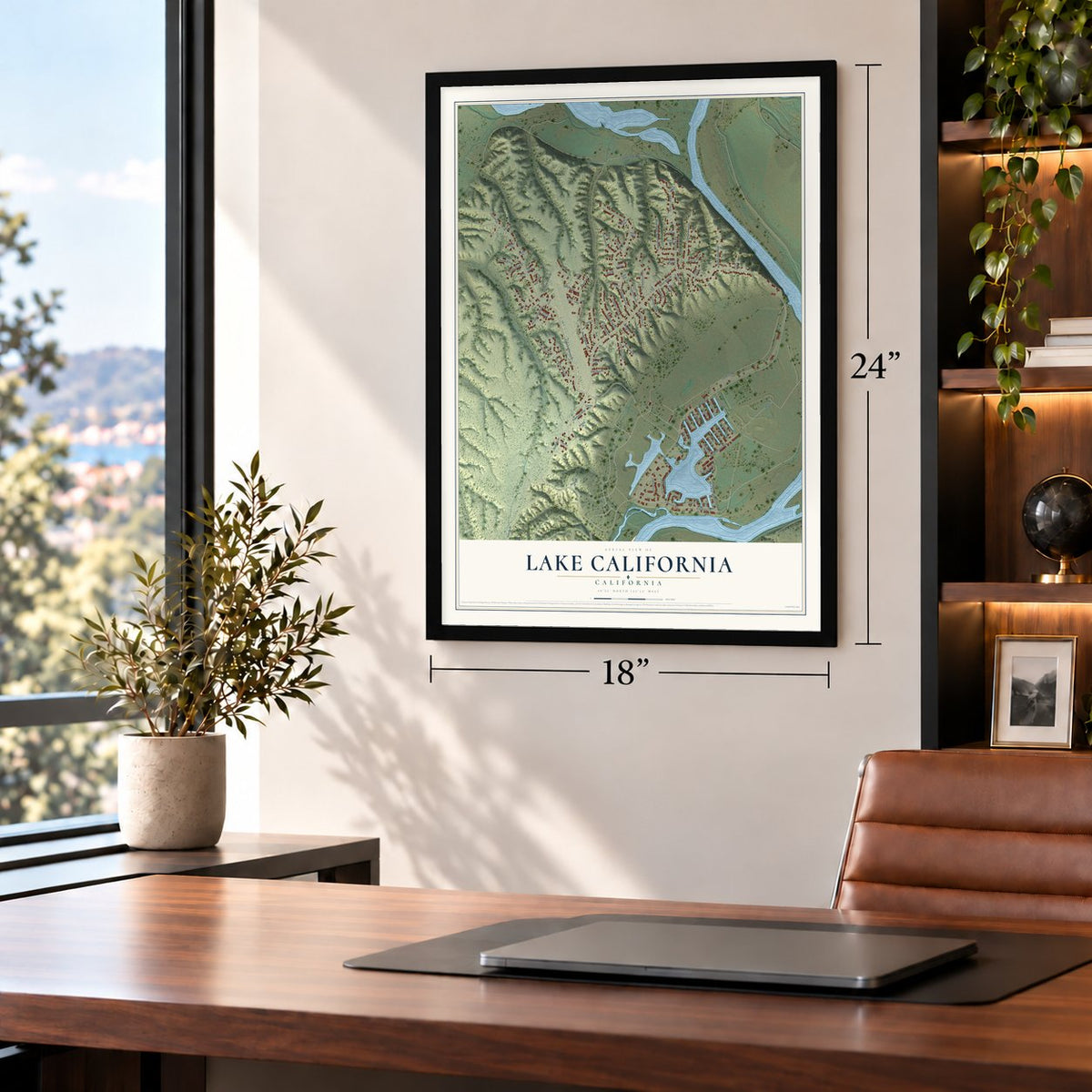 Lake California, California map, 18 x 24 inch print in a black frame in a home office