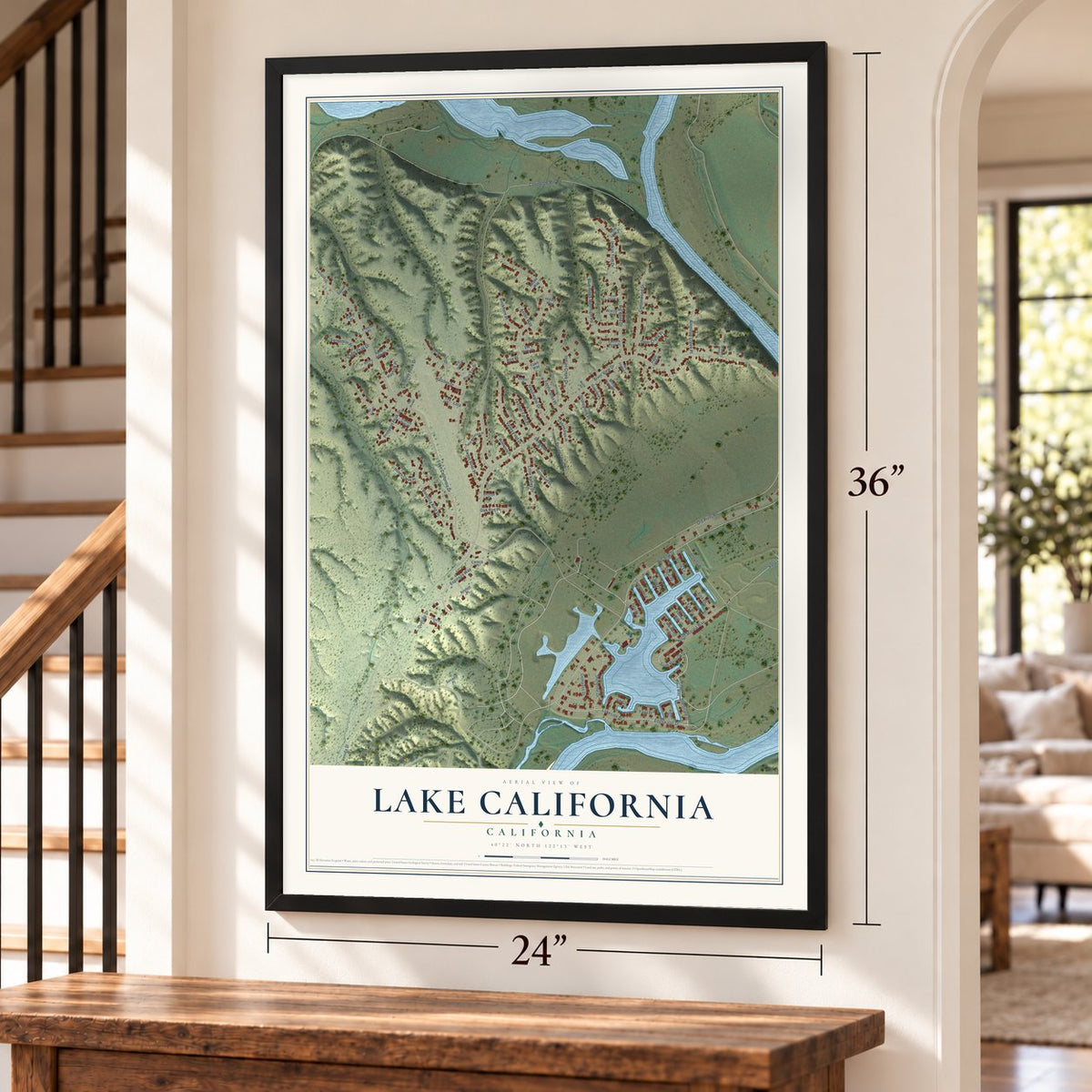 Lake California, California map, 24 x 36 inch print in a black frame by a staircase