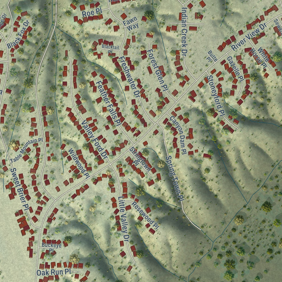 Close-up of the map of Lake California, California print showing street and building detail