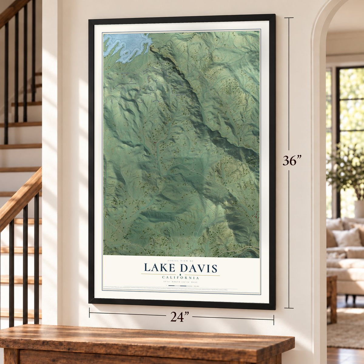 Lake Davis, California map, 24 x 36 inch print in a black frame by a staircase