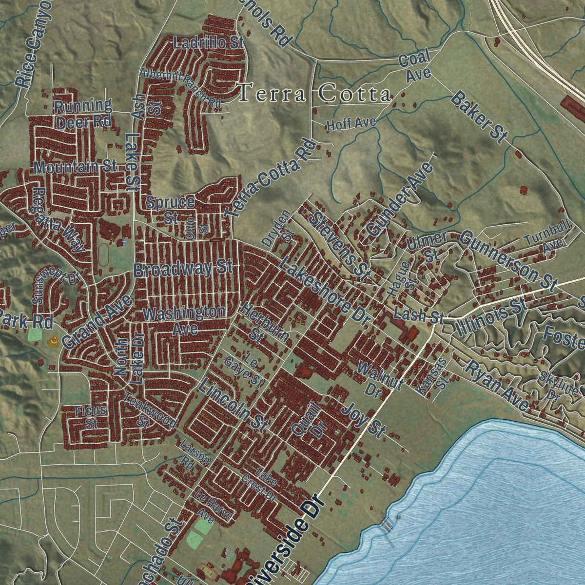 Second close-up of the map of Lake Elsinore, California print showing more streets and buildings