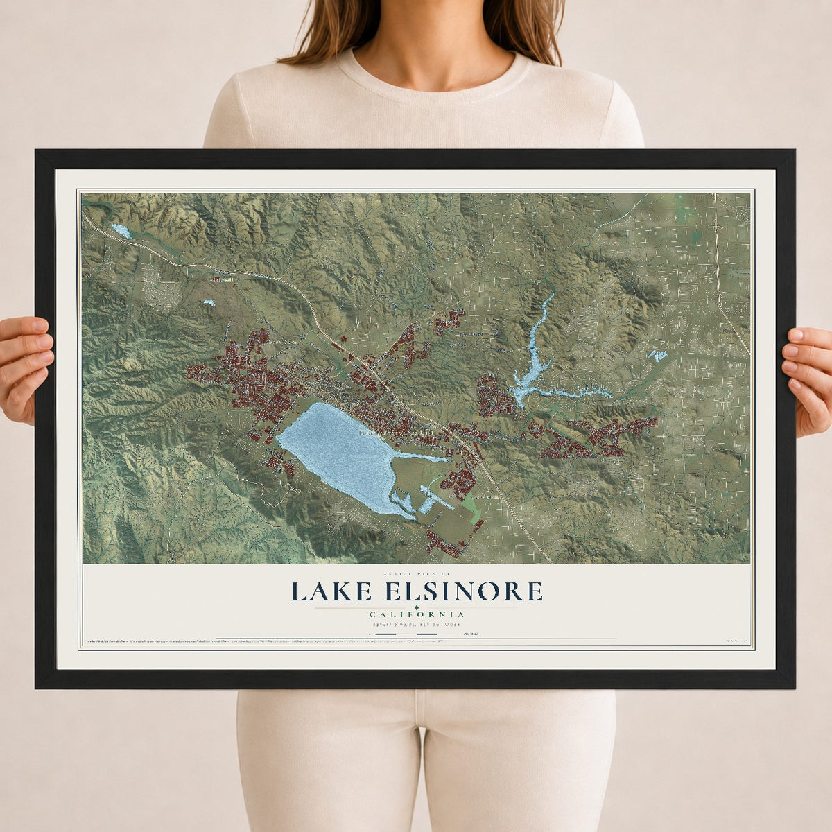 Map of Lake Elsinore, California, 18 x 24 inch print in a black wood frame
