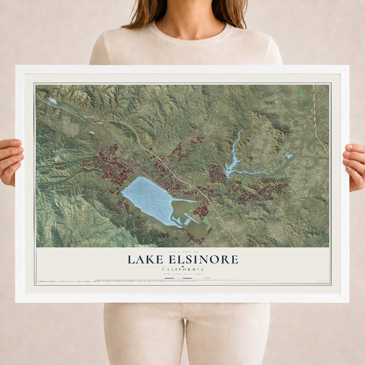 Map of Lake Elsinore, California, 18 x 24 inch print in a white wood frame