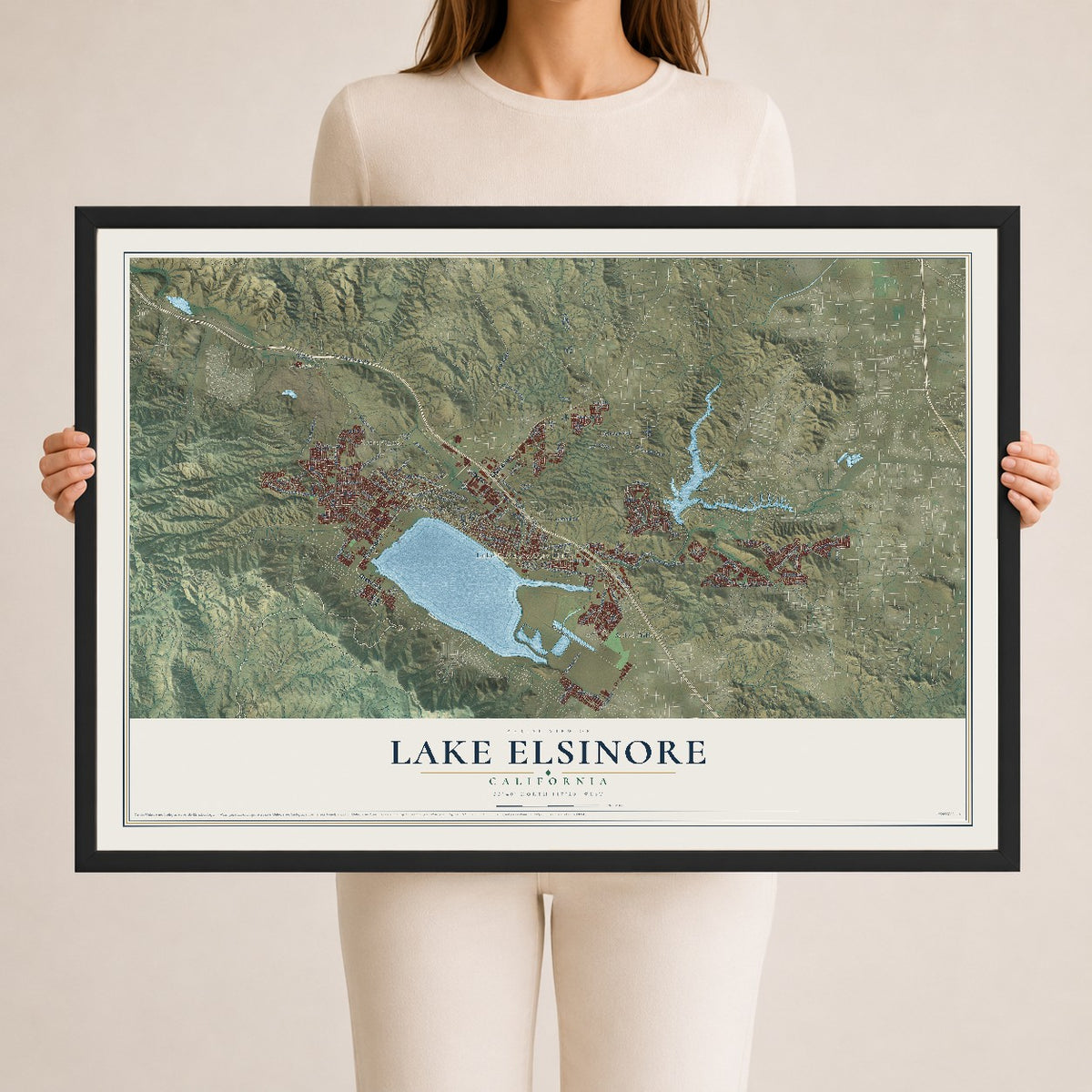 Map of Lake Elsinore, California, 24 x 36 inch print in a black wood frame