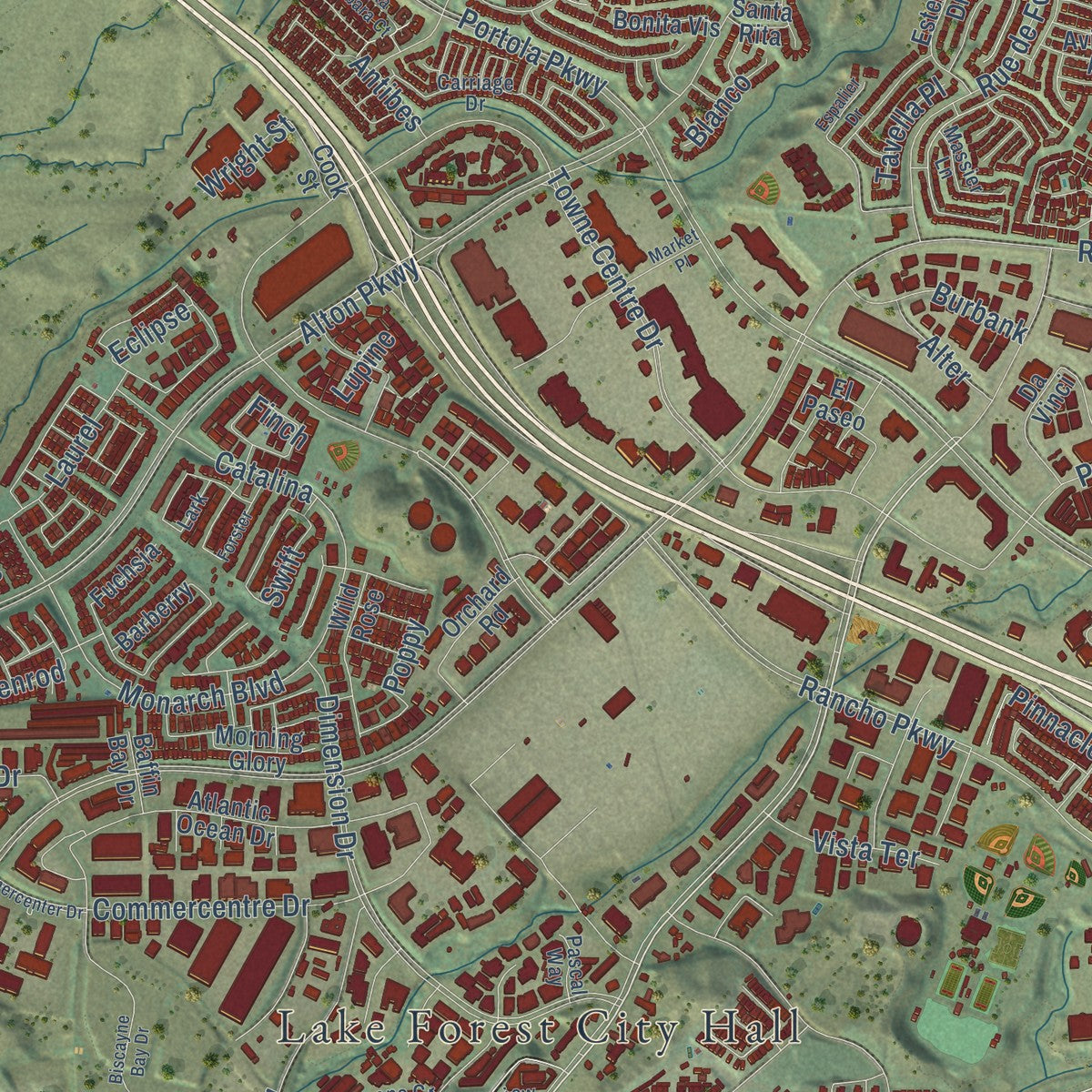 Second close-up of the map of Lake Forest, California print showing more streets and buildings