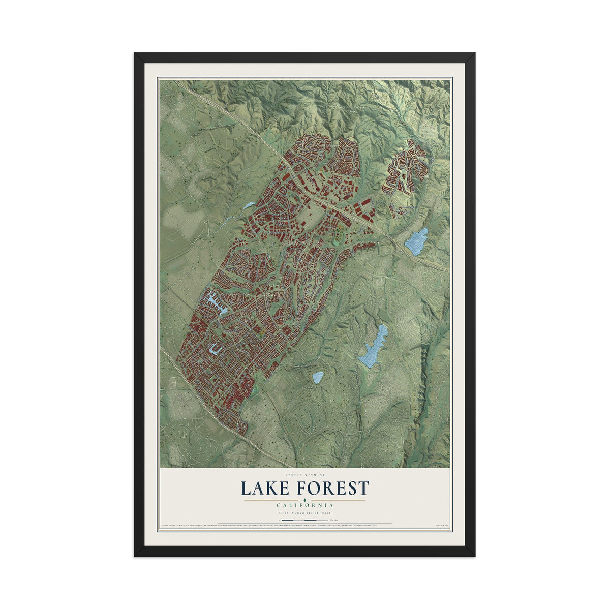 Map of Lake Forest, California, 12 x 18 inch print in a black wood frame
