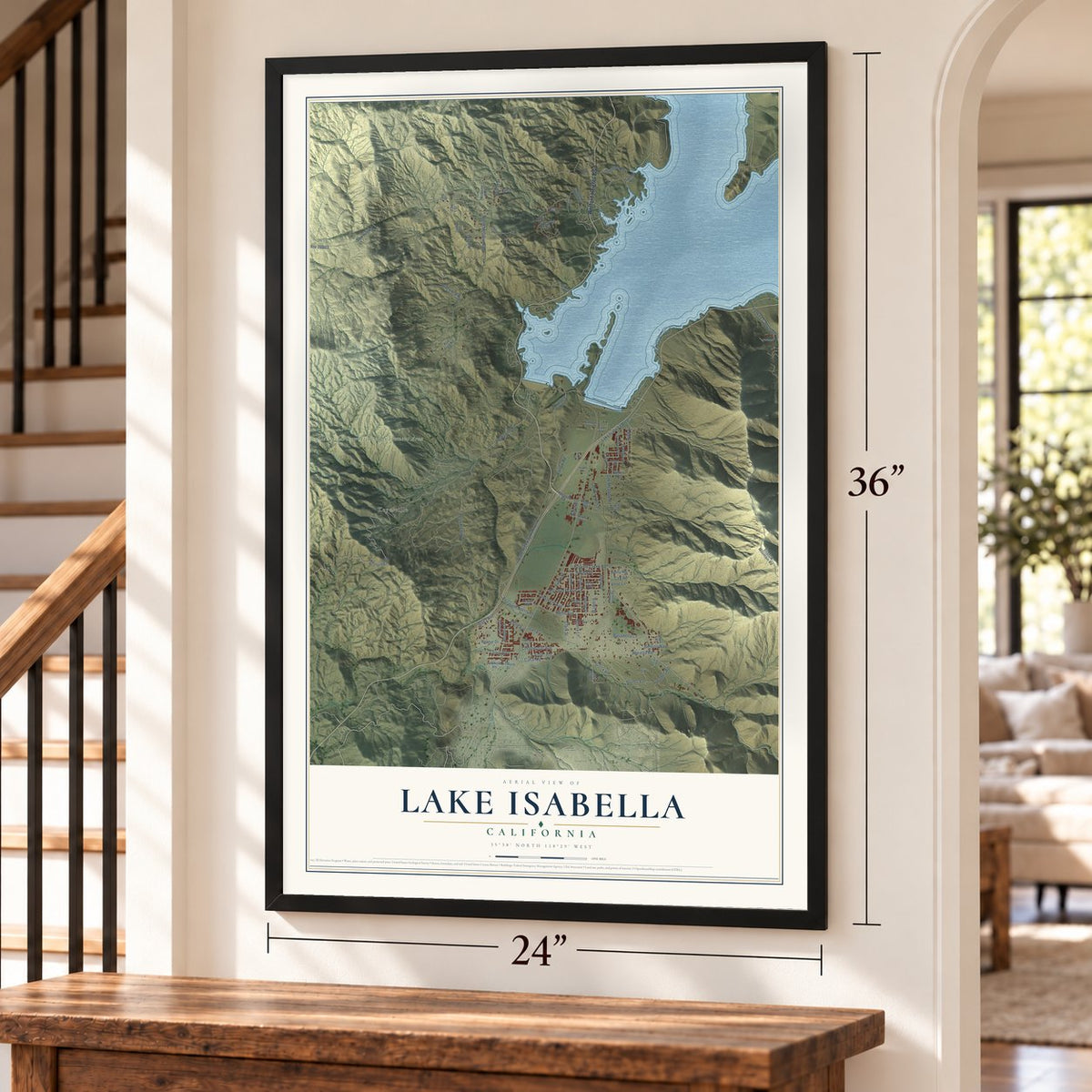 Lake Isabella, California map, 24 x 36 inch print in a black frame by a staircase