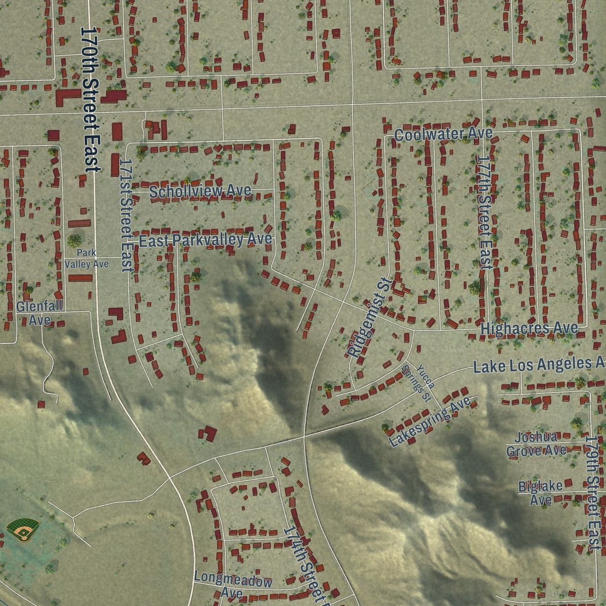 Close-up of the map of Lake Los Angeles, California print showing street and building detail