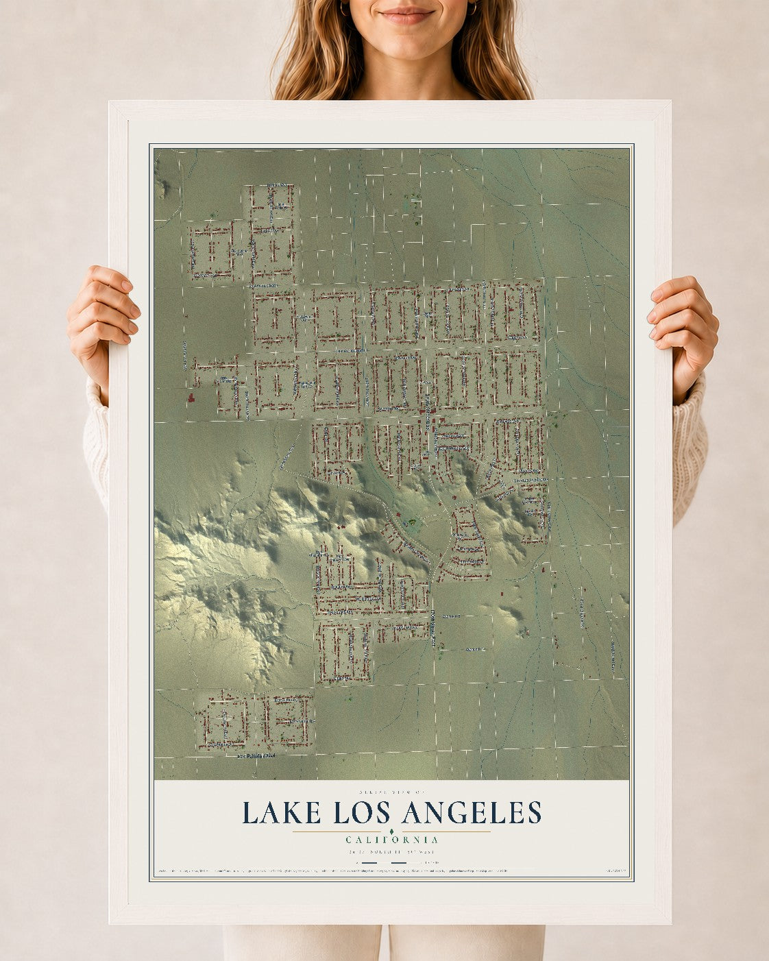 Map of Lake Los Angeles, California, 24 x 36 inch print in a white wood frame