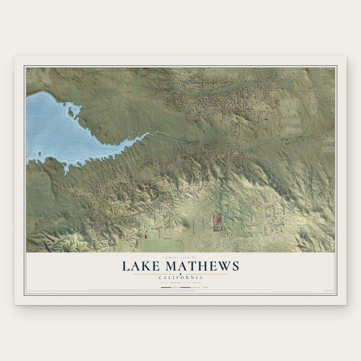 Lake Mathews, California map print, the full design