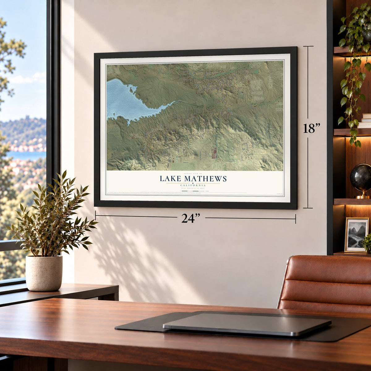Lake Mathews, California map, 18 x 24 inch print in a black frame in a home office