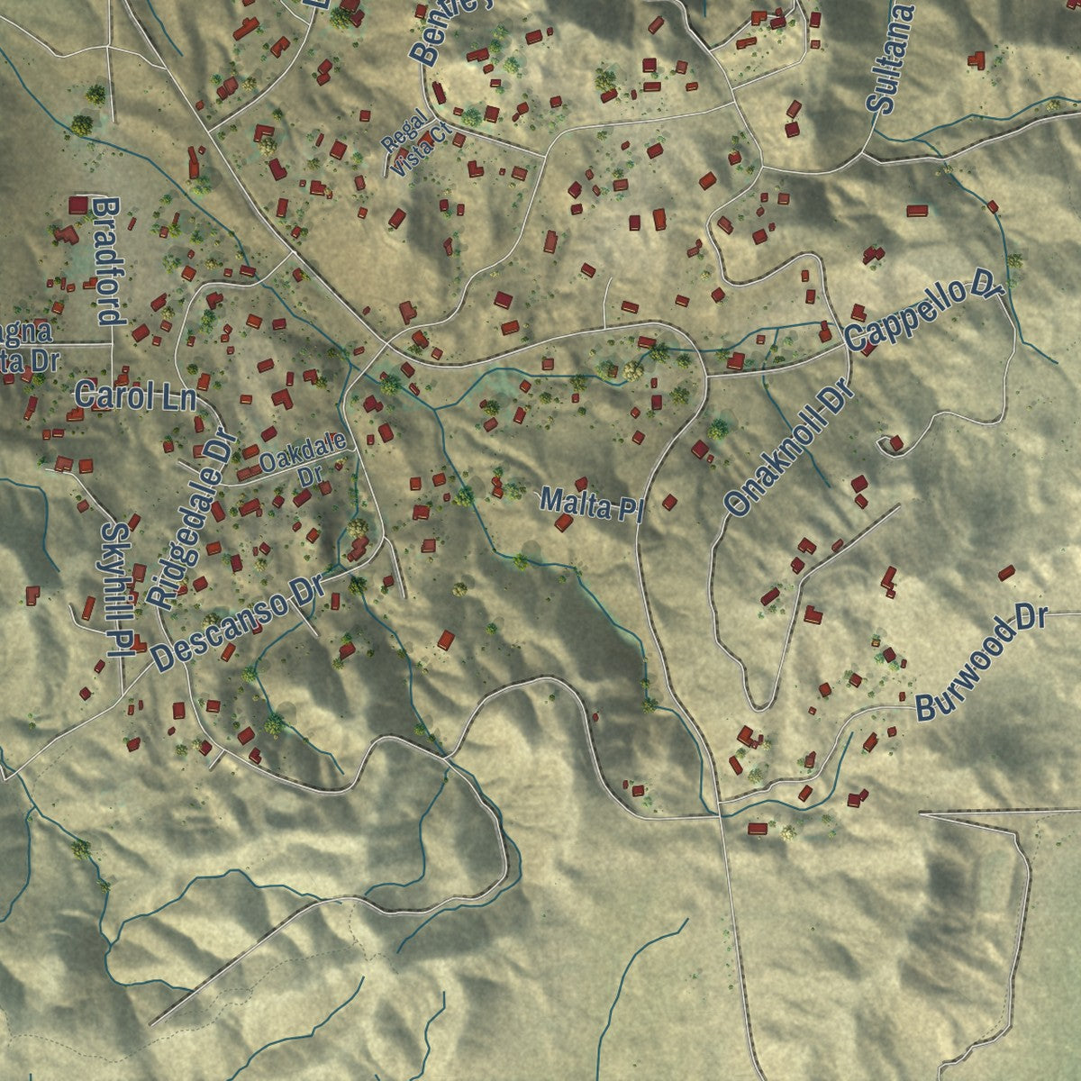 Close-up of the map of Lake Mathews, California print showing street and building detail