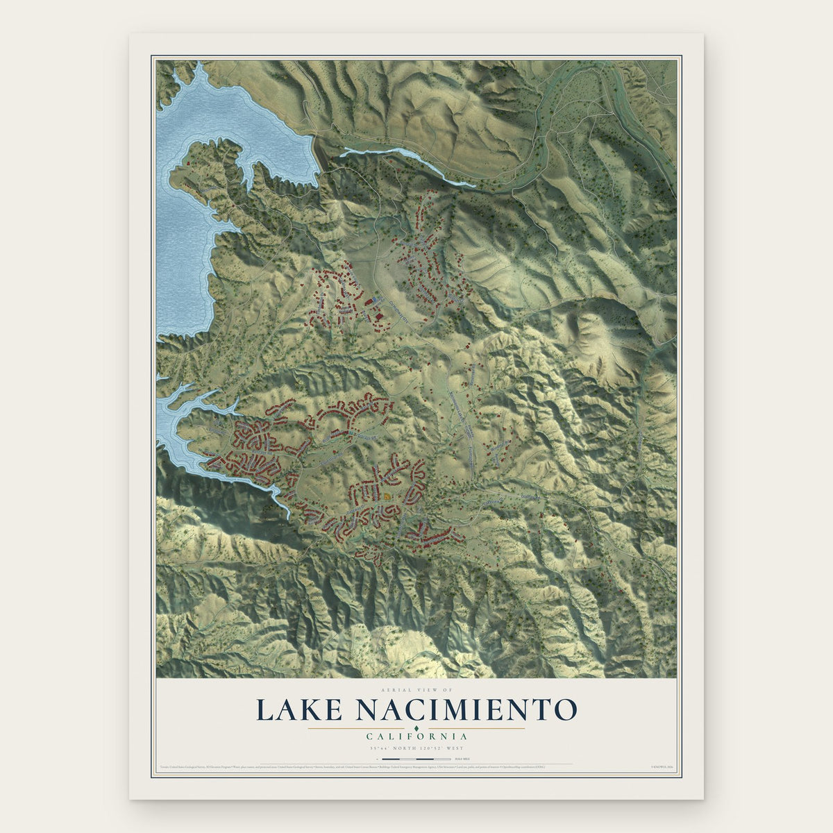 Lake Nacimiento, California map print, the full design